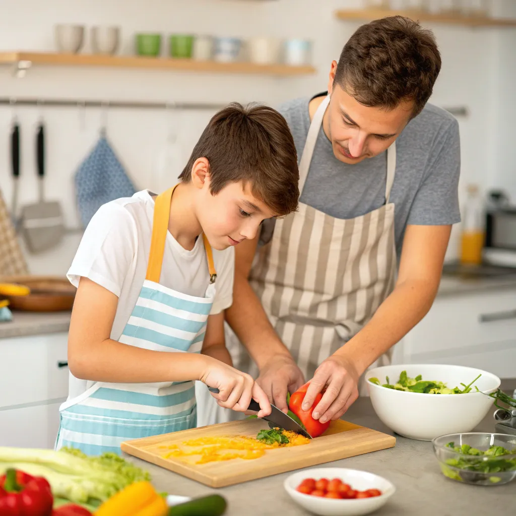 Teen learning basic cooking skills