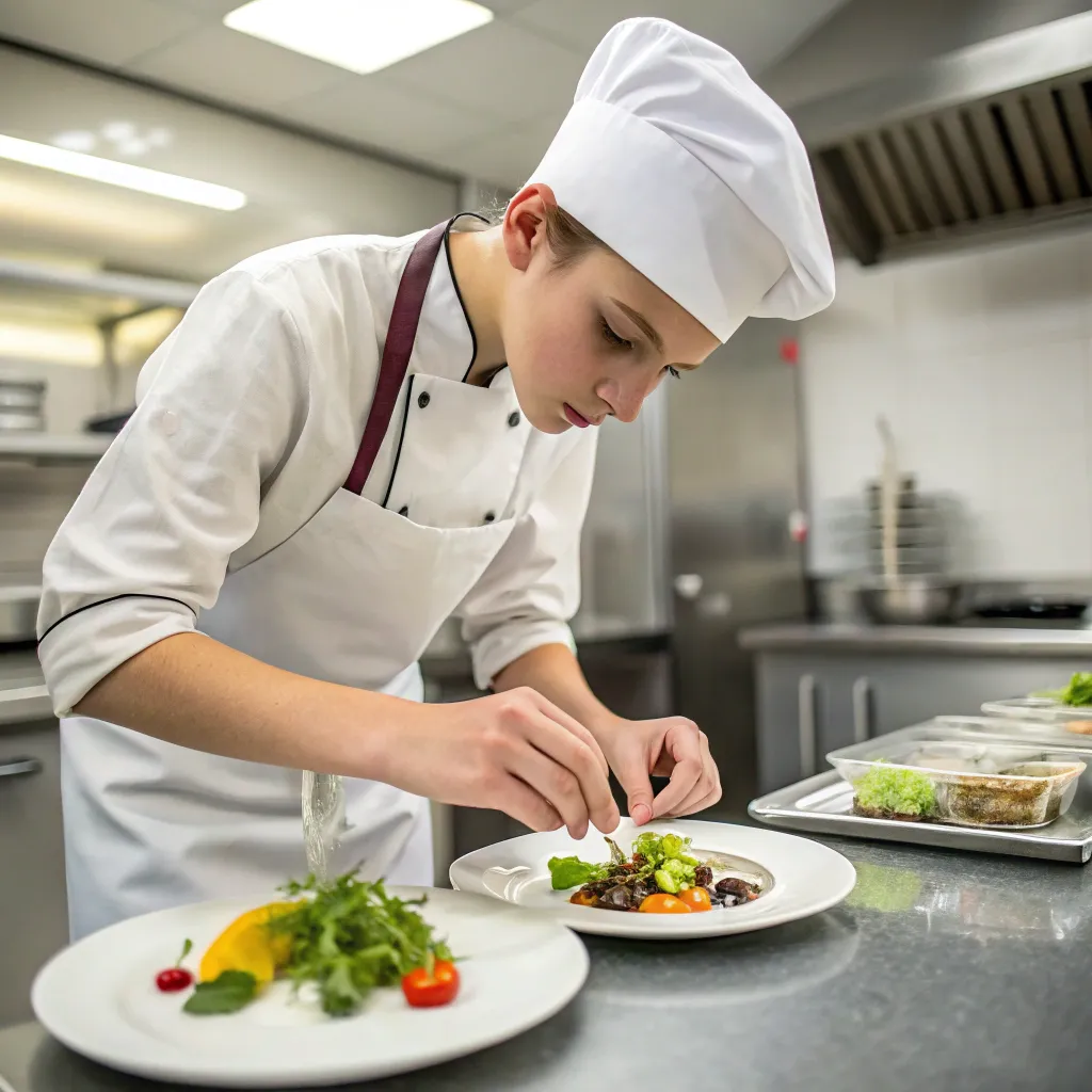 Teen chef preparing a gourmet dish in a professional kitchen